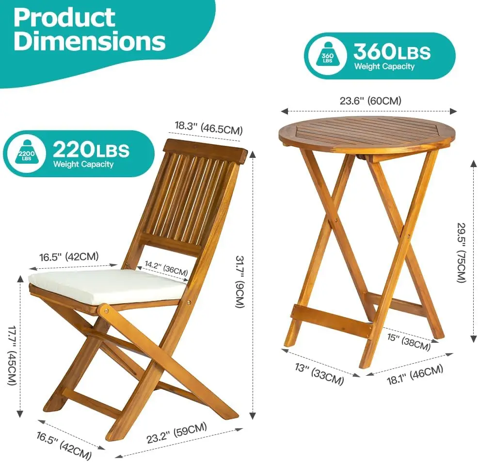 Acacia Madeira Folding Mesa Cadeiras com Almofadas, Pátio Bistro Set, Deck Jardim ao ar livre, Quintal, 3pcs