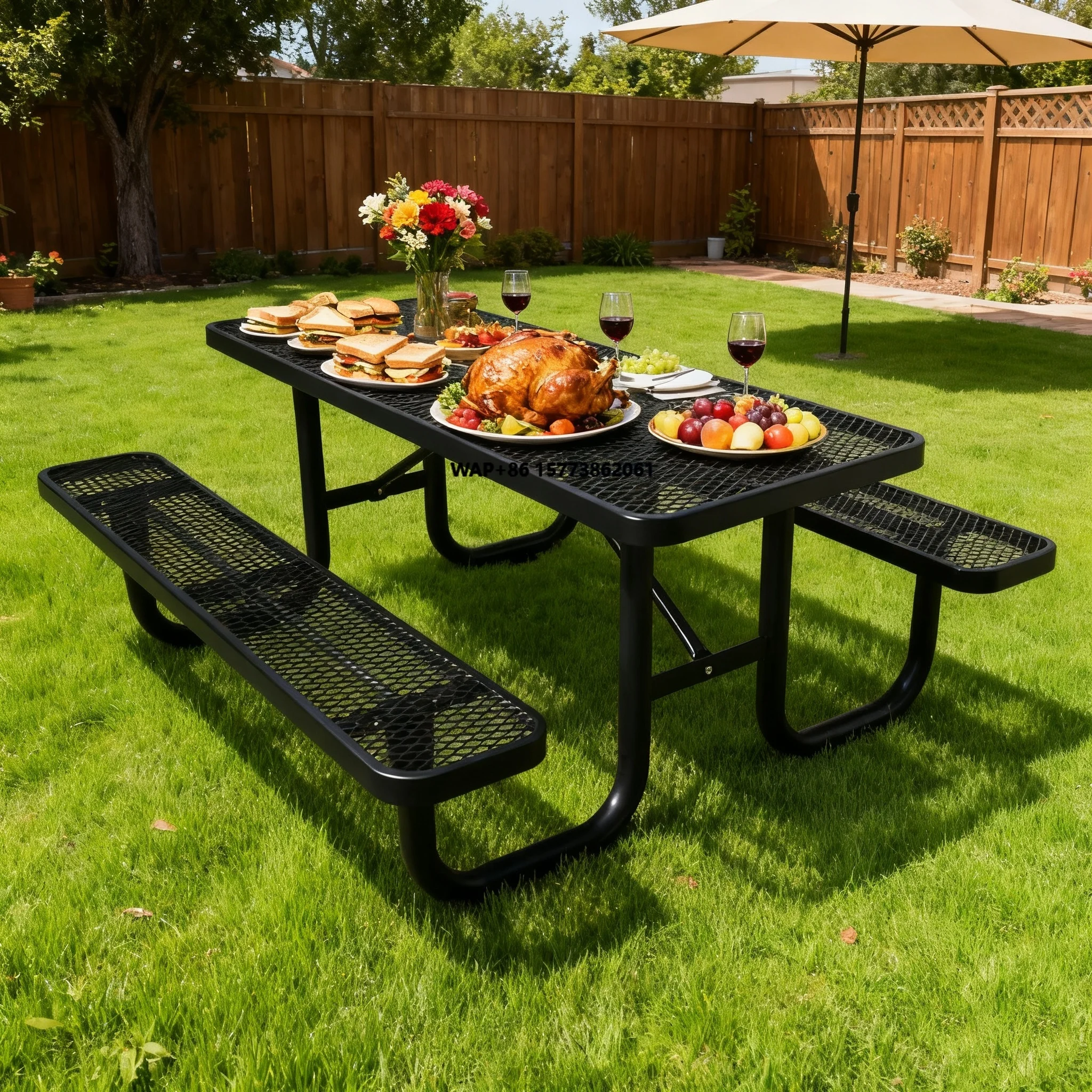 

Стол для пикника на открытом воздухе, металлическая скамейка 6 футов 8 футов, прямоугольный уличный стальной обеденный стол для кемпинга, стол для пикника с скамейкой