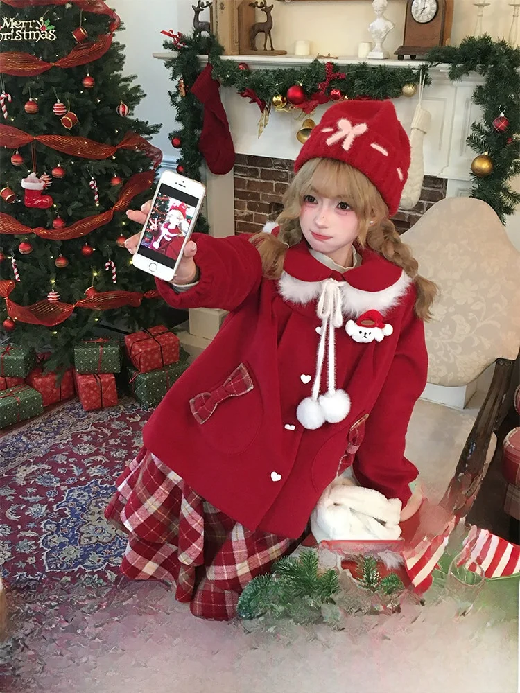 

Женское шерстяное пальто Sweet Sle с меховым воротником для новогодних праздников, с узором «Красное вино и сладкая вишня»