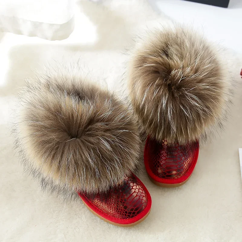 Fashion Women Boots Genuine Leather Real Big Fox Fur Winter Boots Shoes Warm Casual Ankle Boots Plus Size Female Snow Boots