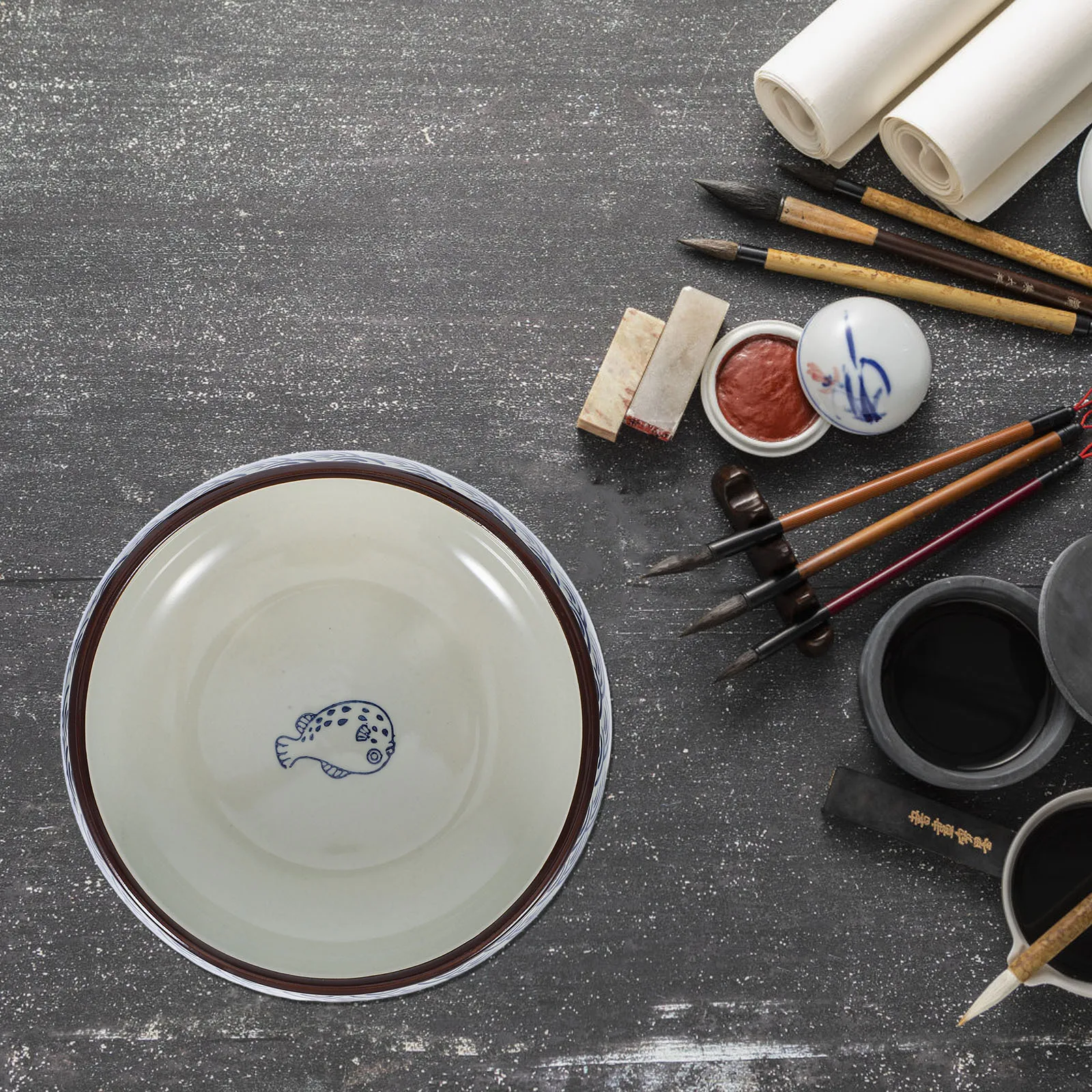 

Ceramic Ink Brush Washer Pot Shallow Dish Calligraphy Ink Holder Pottery Inkstone Porcelain Brush Washer Pot for Calligraphy