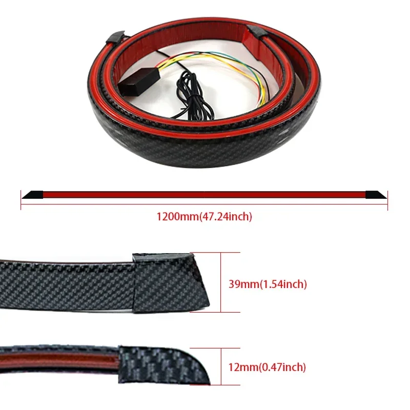 KMIND 120cm Led Spoiler Light Universal Carbon Fiber Car Rear Spoiler Flow Lamp The Third Brake Light Stop Signal Lights 12V