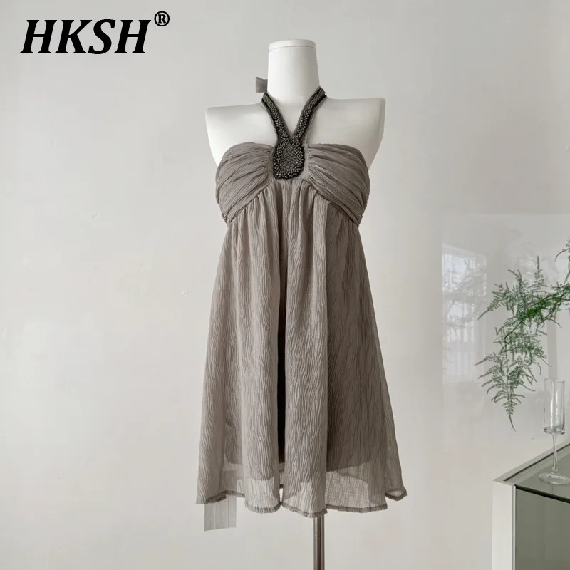 

HKSH Summer New Women's Tide Trendy Elegant Sweet High Street Sexy Heavy Beaded Halter Neck Strapless Chiffon Short Dress HK6034