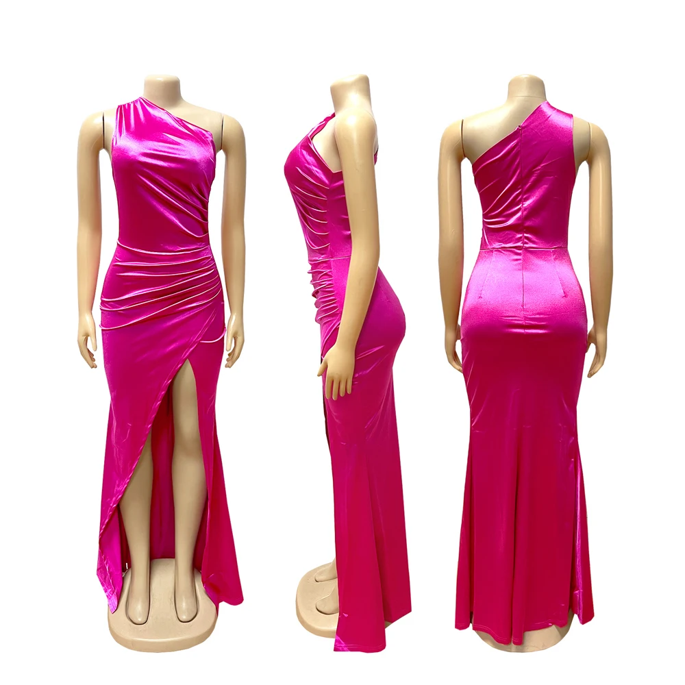 Elegantes Brautjungfernkleid, One-Shoulder-Satin-Abendkleid, gerafftes, hochgeschlitztes Meerjungfrauen-Maxikleid für Damen, Hochzeitsgast, Abschlussball, Party – Detail 10