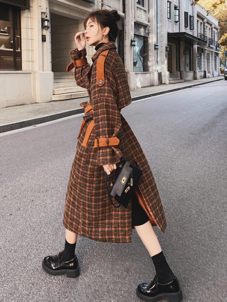 Fashion Women Woolen Plaid Coat Lapel Long Sleeves Belt Loose Single Breasted Pockets Overwear Coats Autumn 2023 New