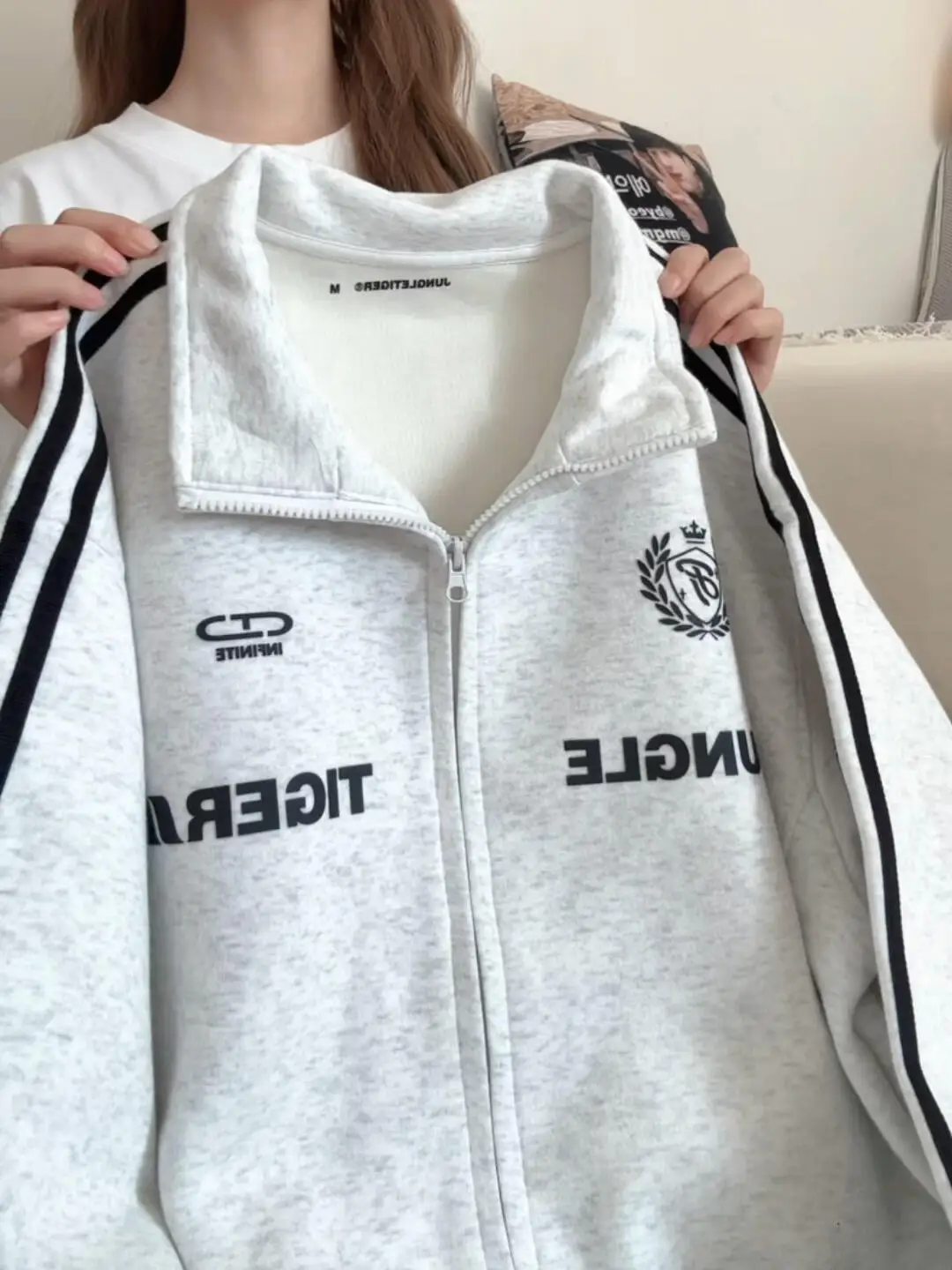 

Ретро-кардиган-худи свободного кроя для женщин с двойной молнией и воротником-стойкой, осенне-зимняя верхняя одежда для пар