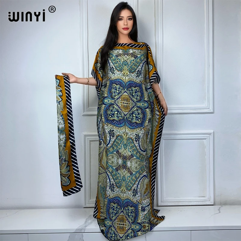 

WINYI original african party dresses woman elegant with belt summer Bohemia print silk feeling kaftan abaya dubai luxury 2024