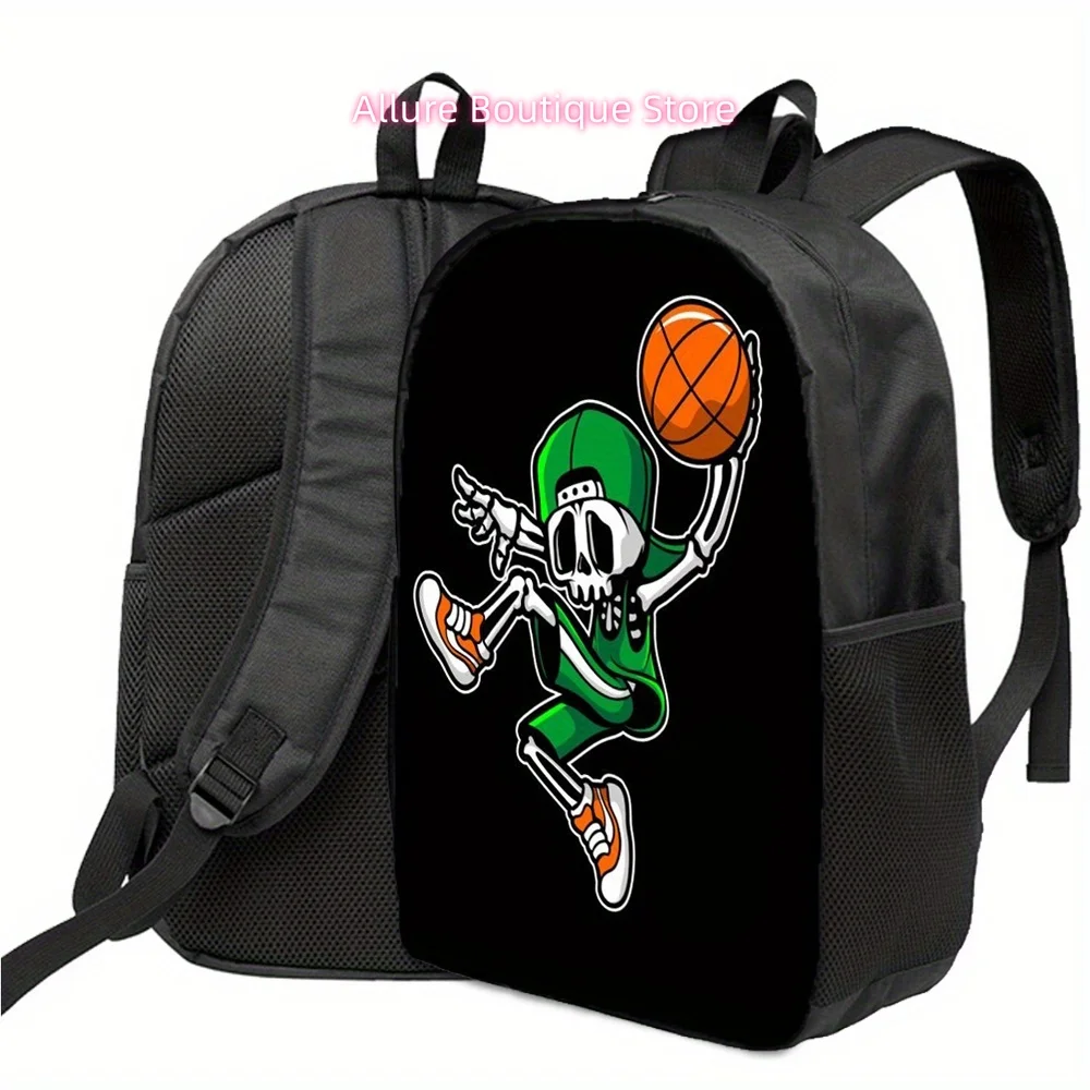 Everyday Backpack, Computer Bag, Black Travel Luggage, Shoulder Strap, Sporty Design, Skeleton playing basketball pattern