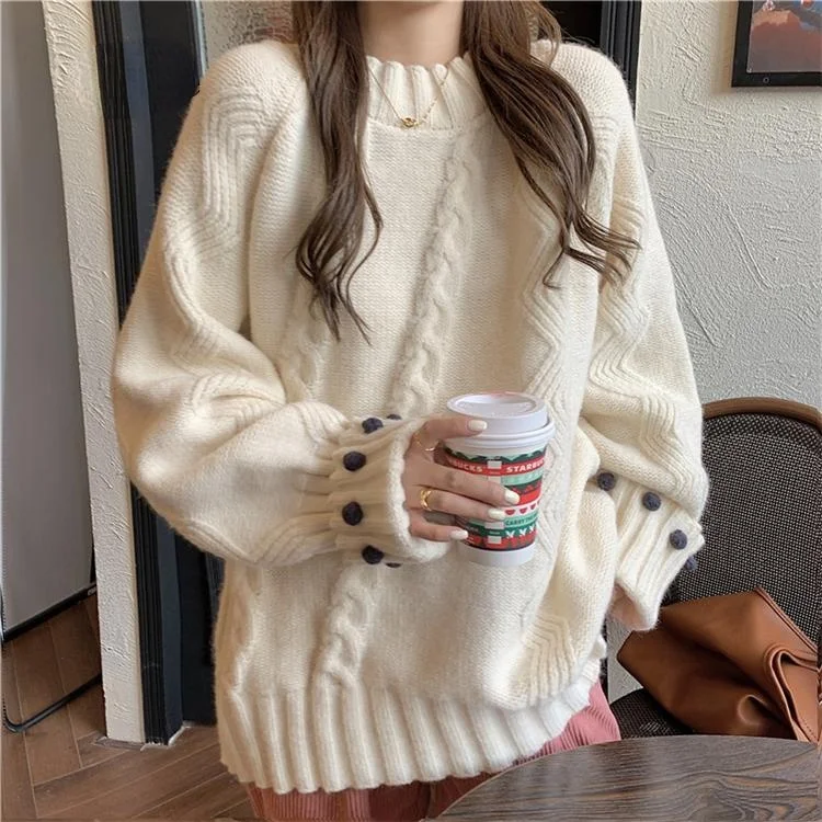 Vintage Knitted Tops Women's Oversized Pullover Sweaters Solid O-Neck Long Sleeves Twisted Pattern Knitting Autumn 2023 Sweater