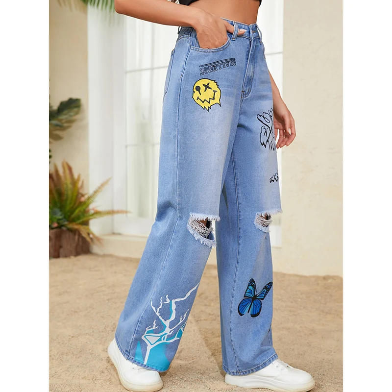 2024 frau Hohe Taille Harajuku Baggy Hosen Weibliche Gothic Breite Bein Jeans Mädchen Mode Punk Hellblau Streetwear Denim Hosen