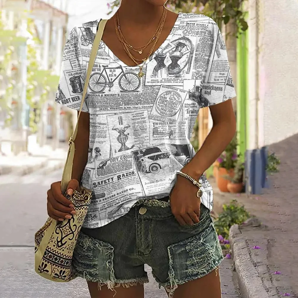 Personalized retro women clothing 3D V-neck short-sleeved old newspaper print summer women clothing T-shirt street Harajuku top