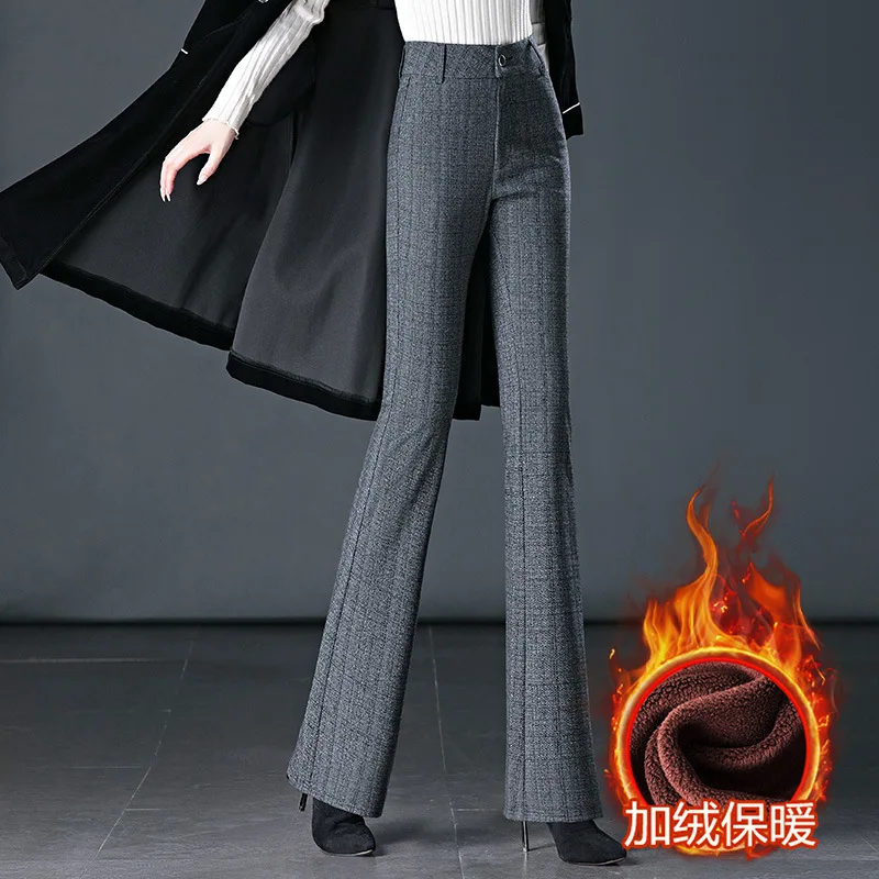 Women's Flared Pants British Style 2025 New Slimming Fit Fashion Thicken Warm Fleece Flare Trousers For Spring Autumn Winter