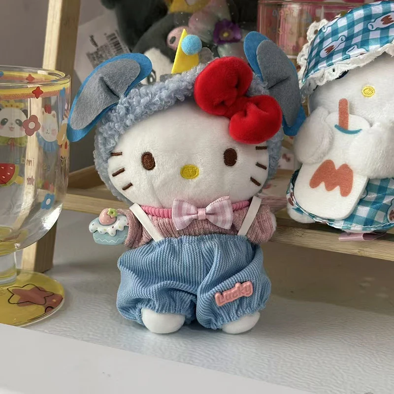 

Sanrios Hellokittys Costume Plush Toy Keychain with Bow Cute Kt Cat Blue Jeans Style Character Design Backpack Décor Ideal Gifts