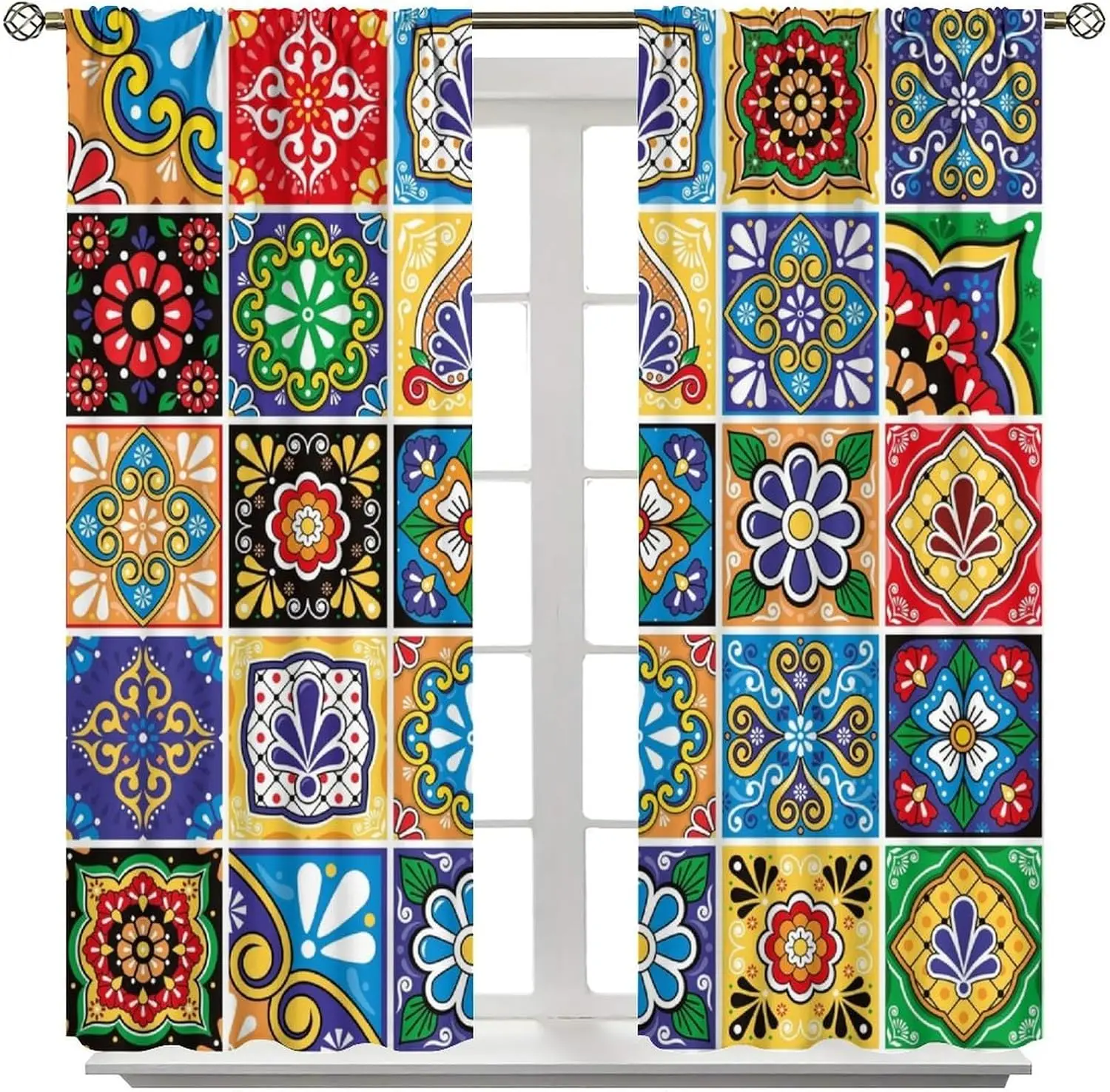 Vintage Talavera Tile Curtain 2 Panels, Bright Mixed Floral Ornament Square Tile Grid Pattern White Base For Kitchen Curtain