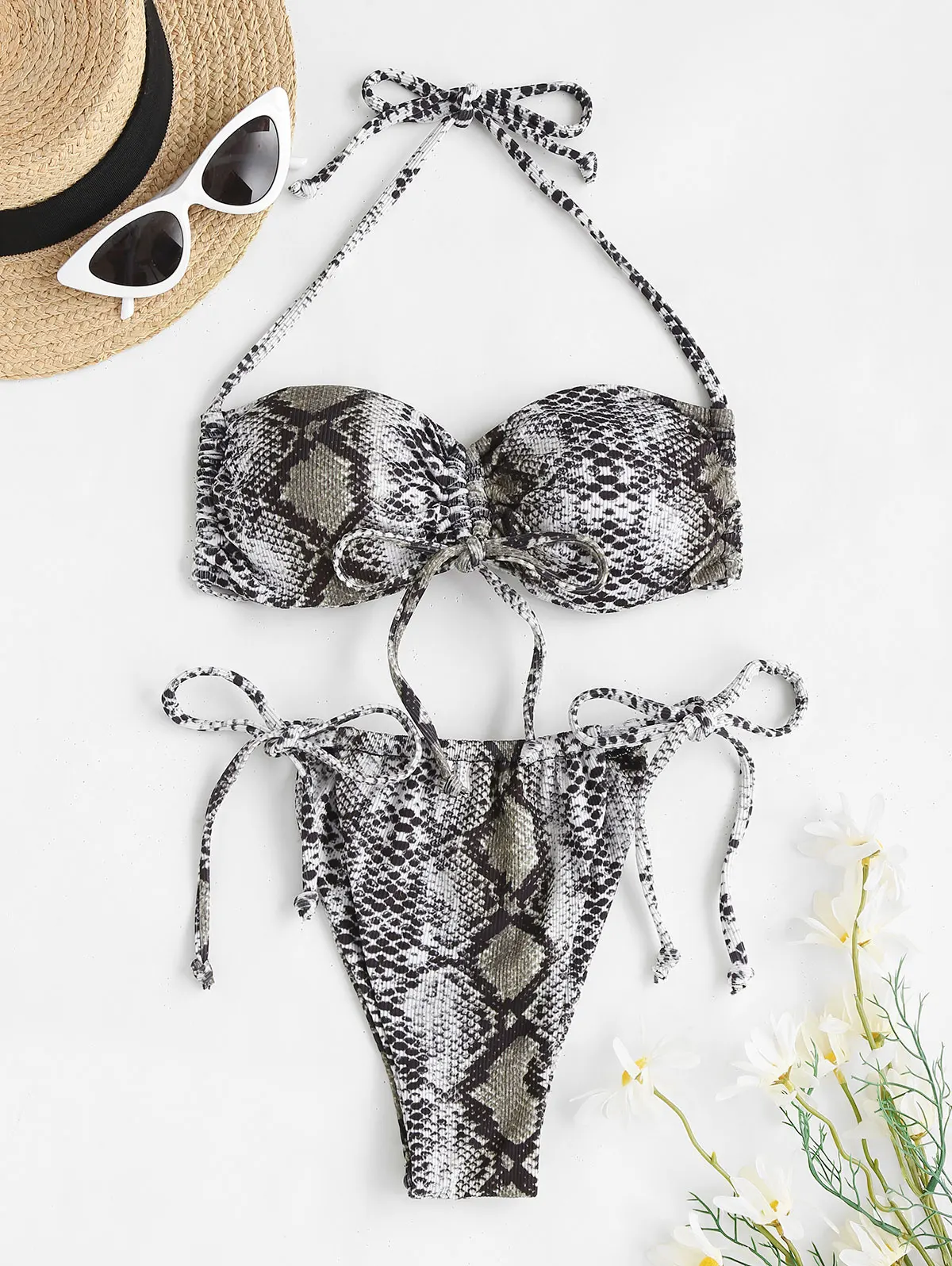 ZAFUL Snakeskin Cinched Ribbed String Bikini Swimwear