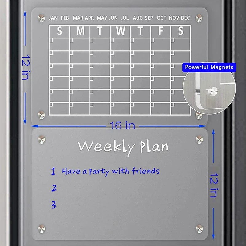 2 Stuks Acryl Magnetische Droog Wissen Board Planner Board Voor Koelkast (16inx12in)