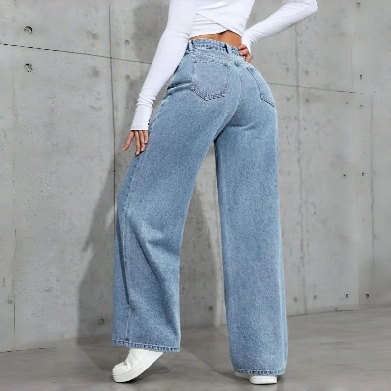 Female Mid-rise Baggy Jeans Girls Stretch Hotfix Rhinestone Designer Straight Leg Pants Lady Chic Fashion Blue Denim Trousers