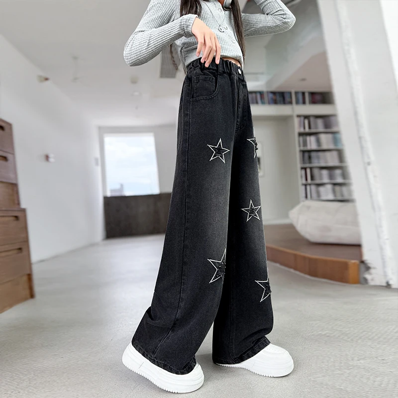 أطفال الخريف مستقيم صالح الجينز الأسود مع نجوم لفتاة توين سن 5 6 7 8 9 10 11 12 13 14 سنة الاطفال أنيق الدينيم السراويل #4