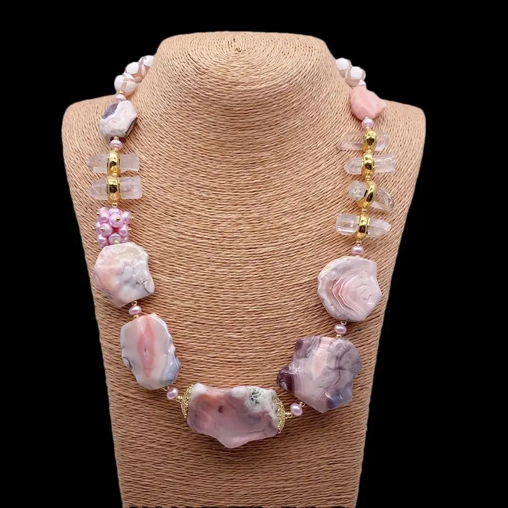 Y·YING Natural Pink Botswanas Sardonyx Agates Nugget Clear Quartz Pearl Necklace