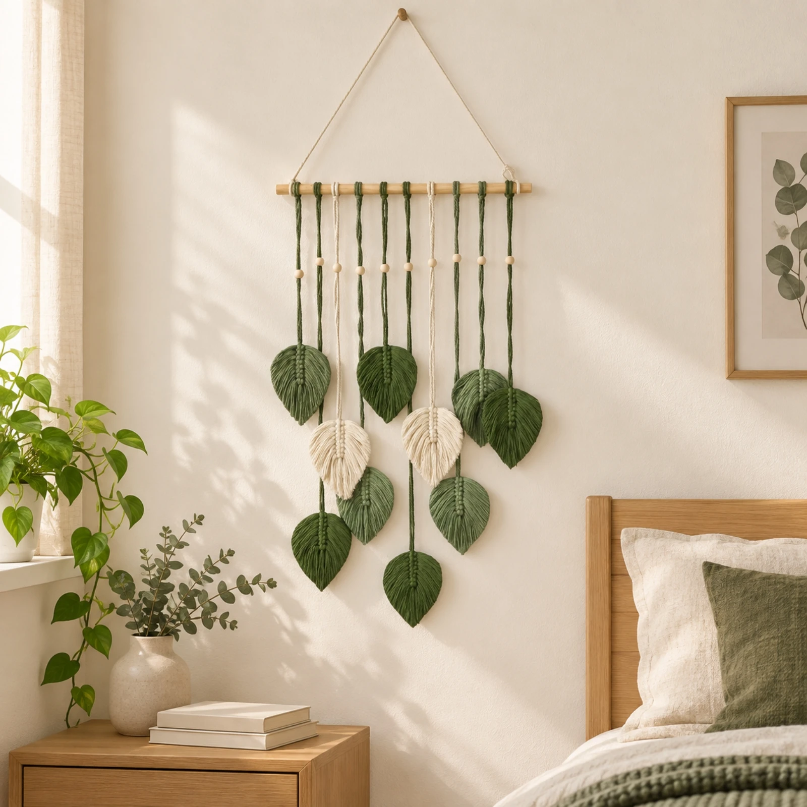 Woven Wall Hanging with Wooden Rod Lightweight Fringed Cotton Wall Hanging Woven Leaves Tapestry Easy to Install Chic