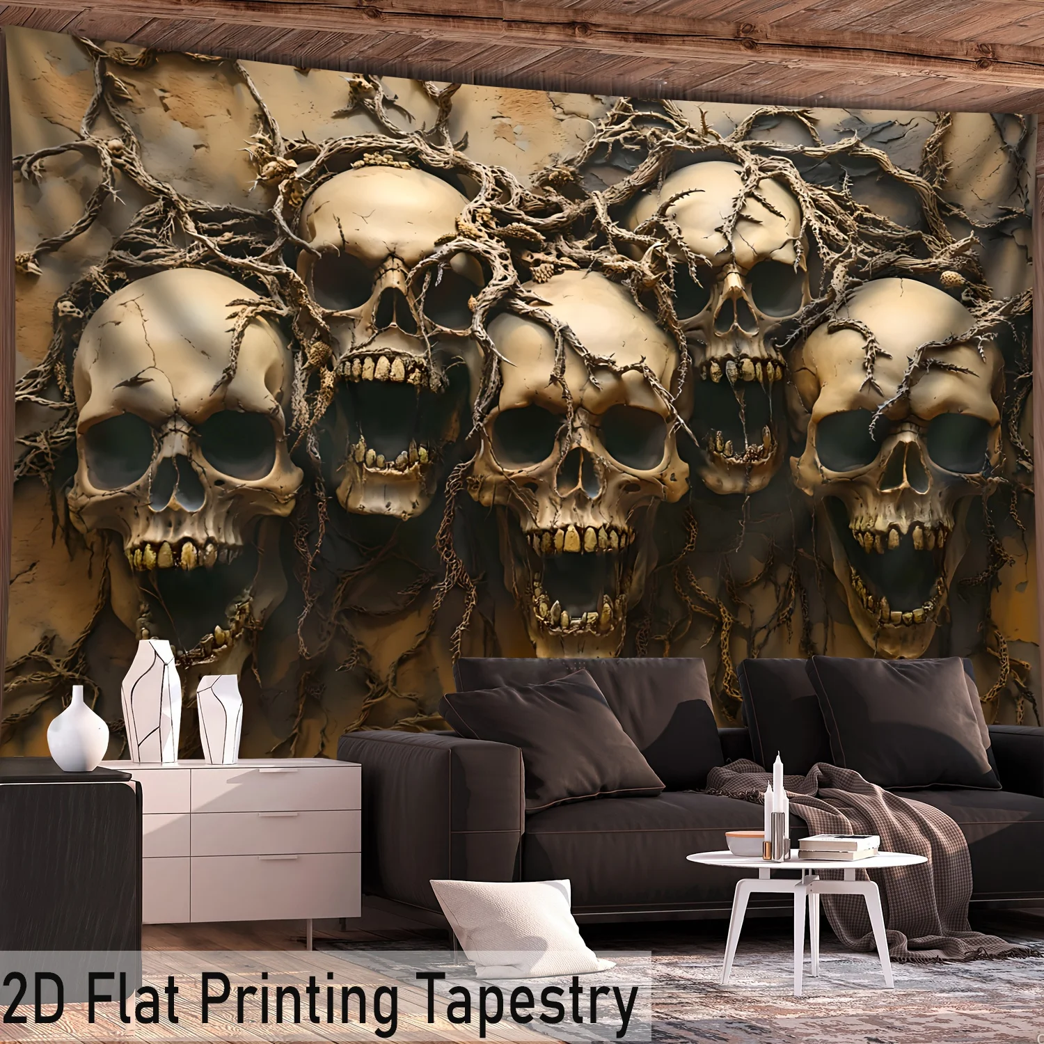 VIKAMA Halloween Gothic Wall Tapestry Antique Skull Withered Vine Vintage Yellow Mud Crack Horror Wallpaper Party Decoration