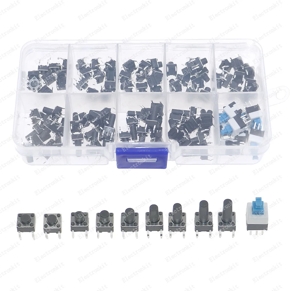 100pcs 10 Type 6*6 Light Micro Touch Switch Set Push Button Switch Kit Box Assortment Set DIY Tool Accessories 6x6 Keys Tact ON/