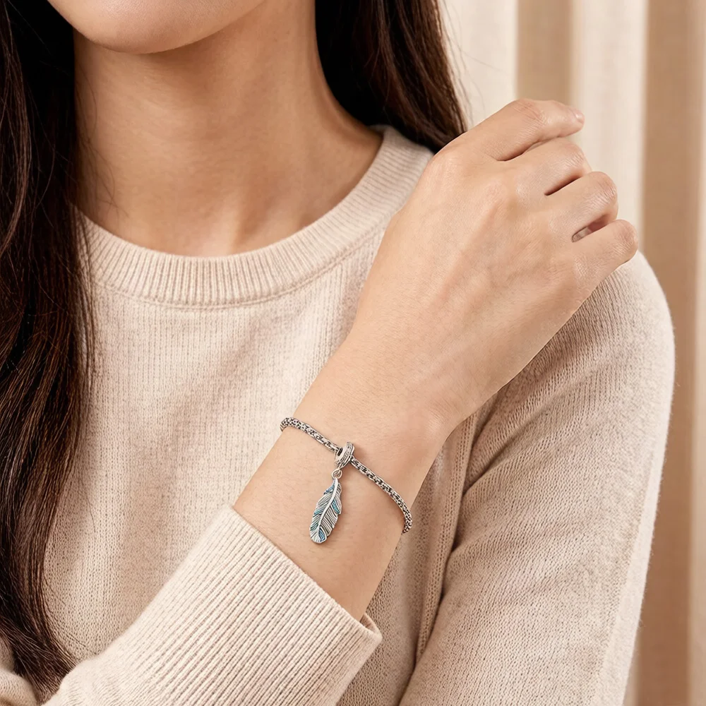 Fashion New 925 Sterling Silver Feather Blue Pendants Charm For Women Men Trendy Accessory Making
