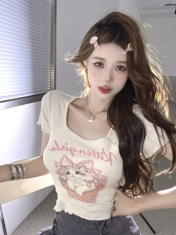 

Korean Style Cute Print Square Neck T-Shirt Women's Summer Slimming Short Sleeve High Waist Crop Top Cotton Sweet Style