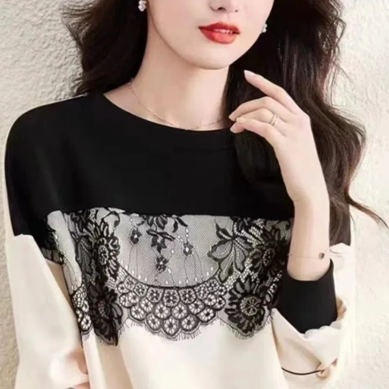 Spring Autumn Fashion Round Neck Long Sleeve Women\'s Clothing Patchwork Color Blocking Hoodies Loose Embroidered Simplicity Tops