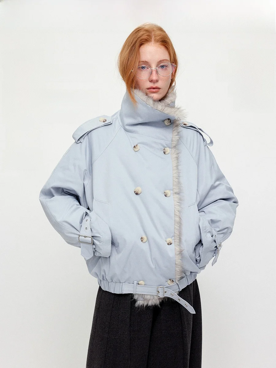 

CHACHASTU Nordic Sle Parka Женская пуховая куртка с двойным рядом пуговиц, меховым воротником, воротником-стойкой, теплая, длинная, с длинными рукавами