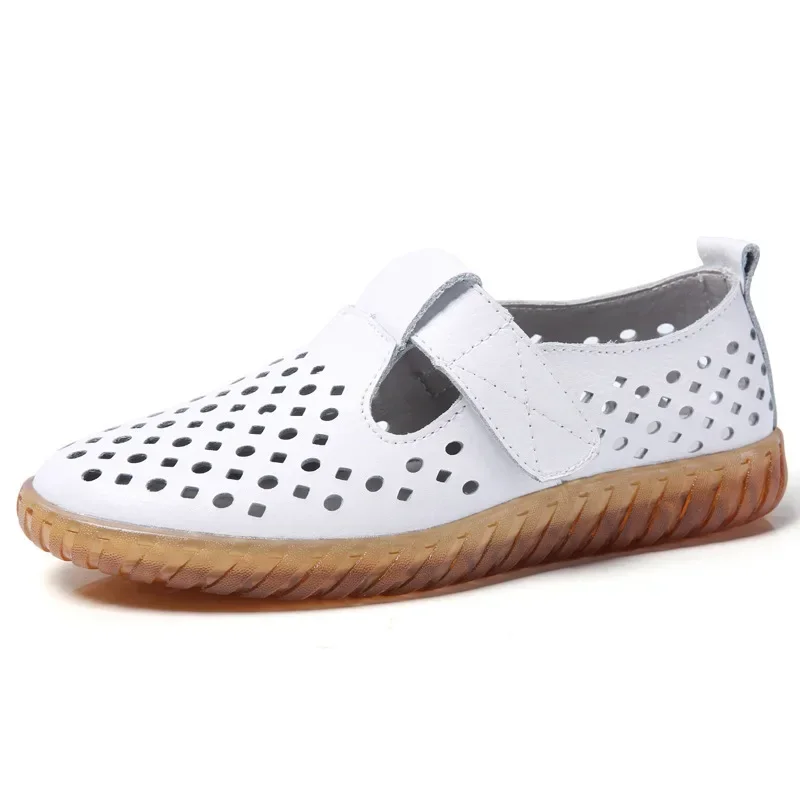 

Women's Mother Female Genuine Leather White Shoes Sandals Loafers Moccasins 2024Outdoor Cool Beach Summer Hollow