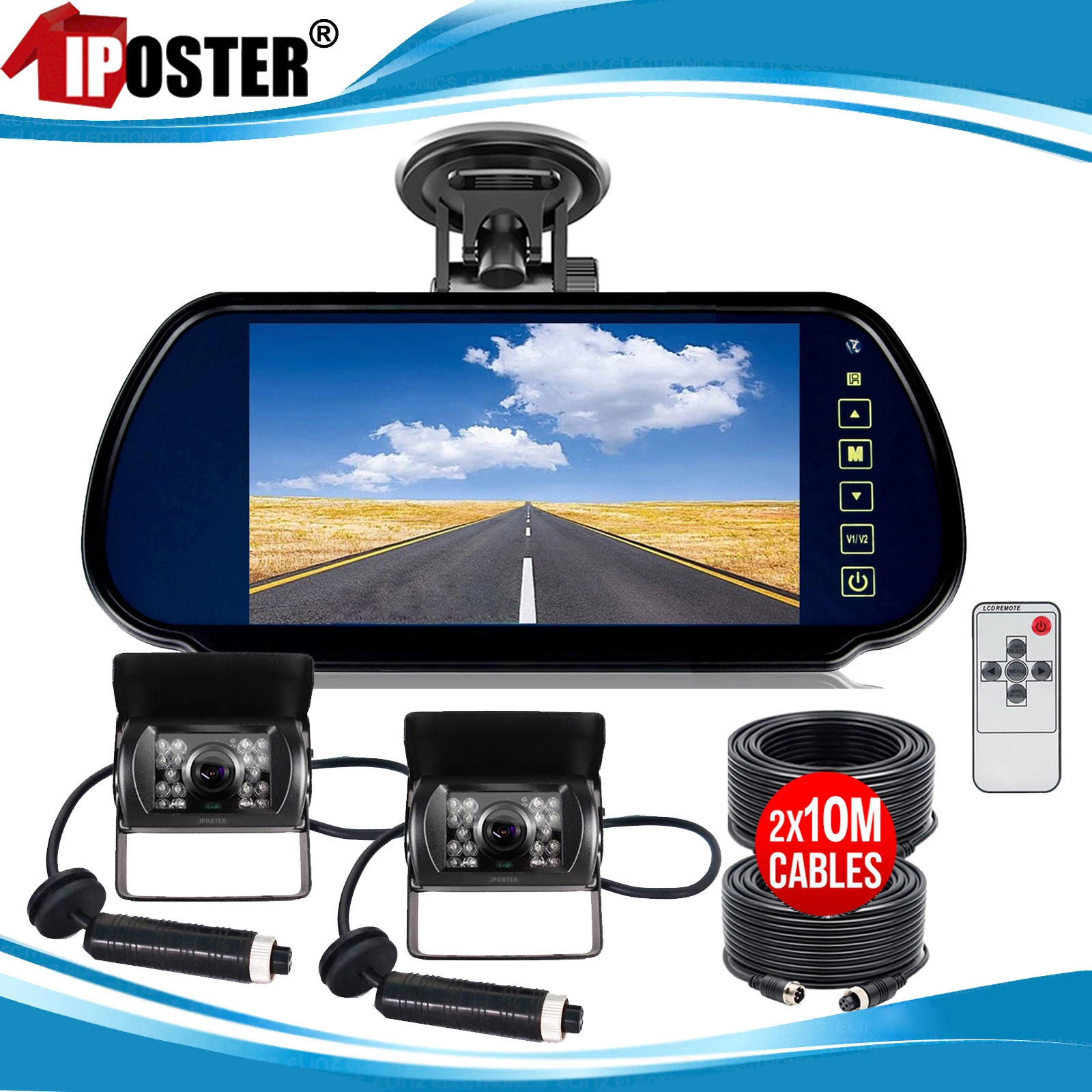 iPoster 7 Inch LCD Screen Rear View Mirror Monitor Windscreen Suction & Clip + 4PIN IR Reversing Backup Camera 12-24v For Rv Van