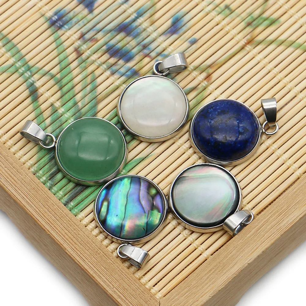 Round Natural Stone Abalone Shell Edging Electroplated Single Hole Melon Seed Button Pendant DIY Classic Necklaces Jewelry
