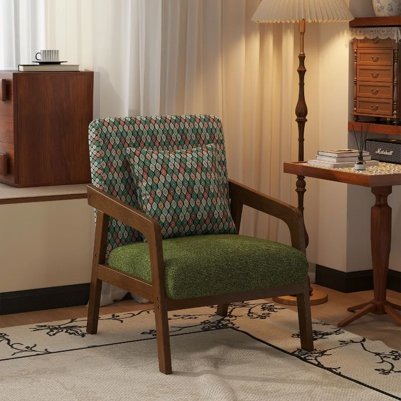 

French retro sofa chair, living room solid wood, small apartment single sofa chair, casual back chair, study sofa seat