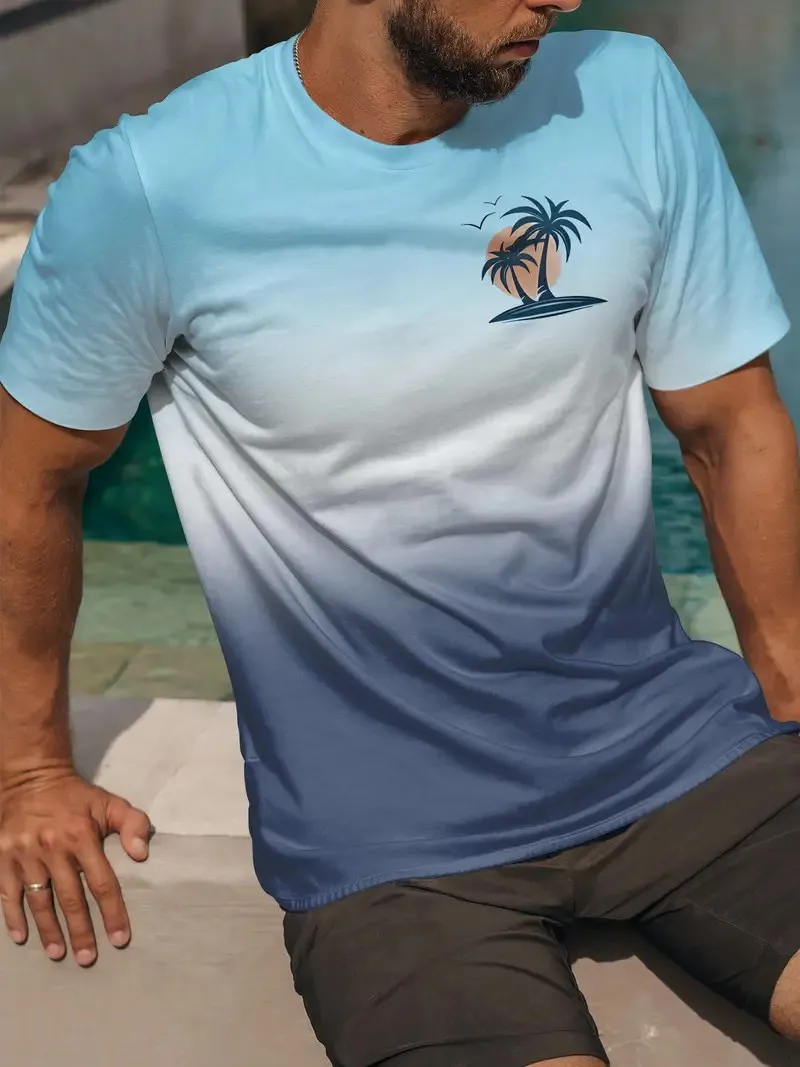 Sports Speed drying Men's T-shirt Running Summer Color blocked Coconut Tree Printed Top Men's Short sleeved Top T-shirt