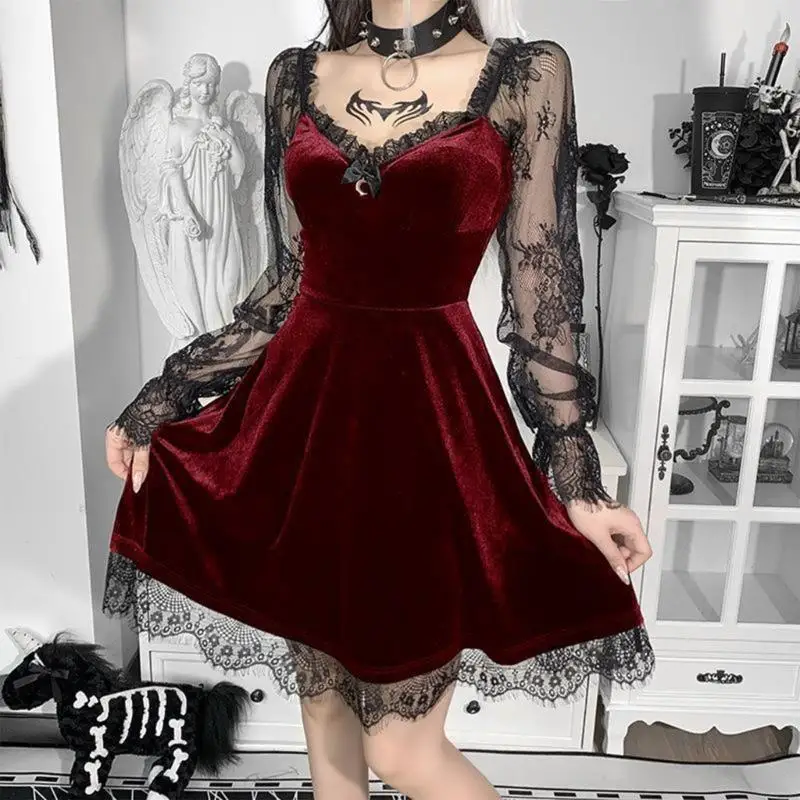 

L38E Women Aesthetic Vintage Gothic Mini Dress Lace Trim Dresses Partywear