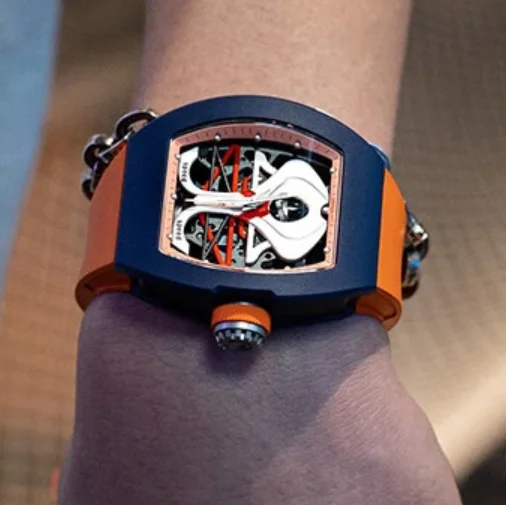 CRONUSART Men Automatic Watch 50mm Tonneau Mechanical Wristwatch Luminous Fluororubber Strap Skeleton Space Station Dial