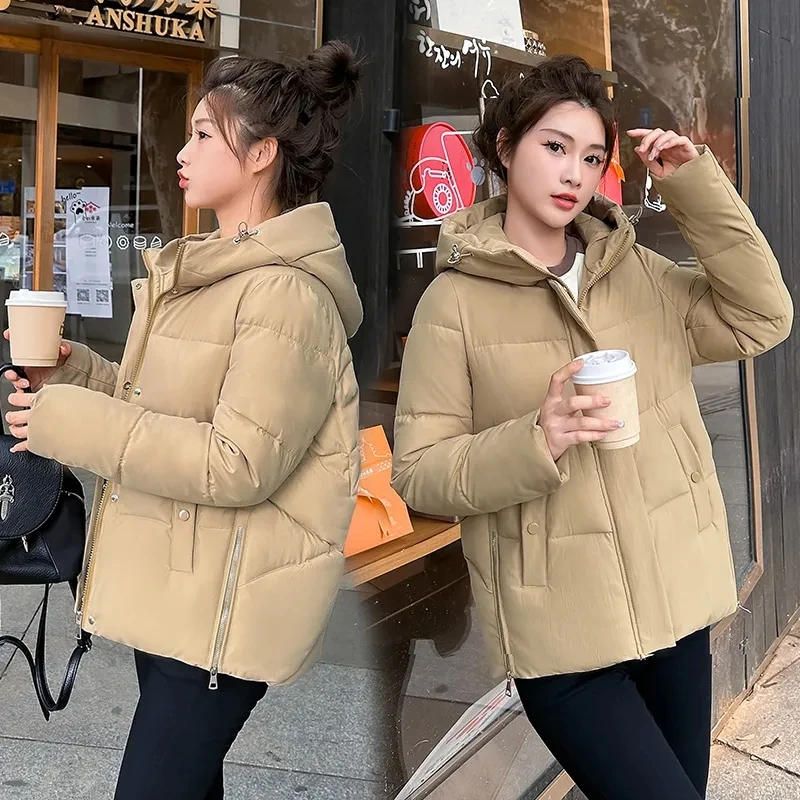 2024 New Korean Loose Down Cotton Coat Womens Hooded Padded Puffer Parkas Winter Jacket Thick Warm Cotton Coat Snow Wear Outwear