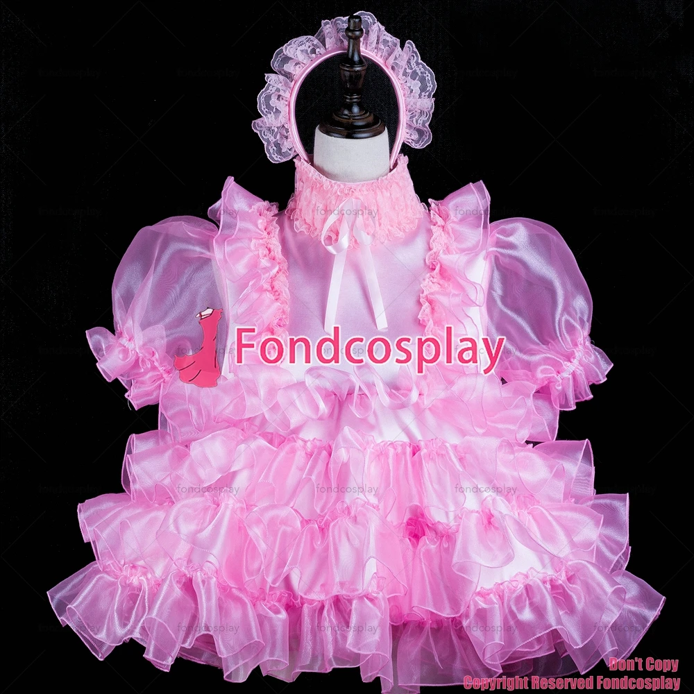 fondcosplay adult sexy cross dressing sissy maid short baby pink satin organza dress lockable Uniform costume CD/TV[G2409]