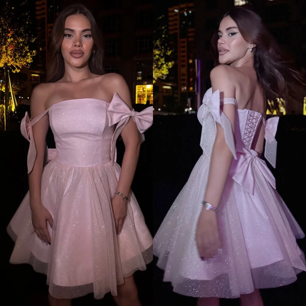 

Customized High Quality Exquisite Tulle Bow Ruched A-line Strapless Mini Dresses Bespoke Occasion Dresses Sizes Available Sexy