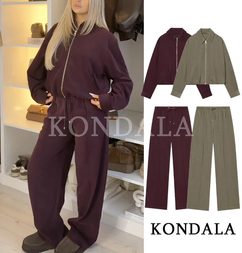 KONDALA Trendy Casual Pants Set Women Elegant High Street Loose Lapel Zipper Jacket, Drawstring Trousers 2026 Spring Holiday Set