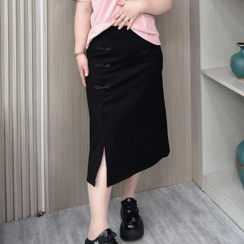 New Chinese Style Button Skirt Women Plus Size Spring Summer 2024 New Split A-Line Skirt