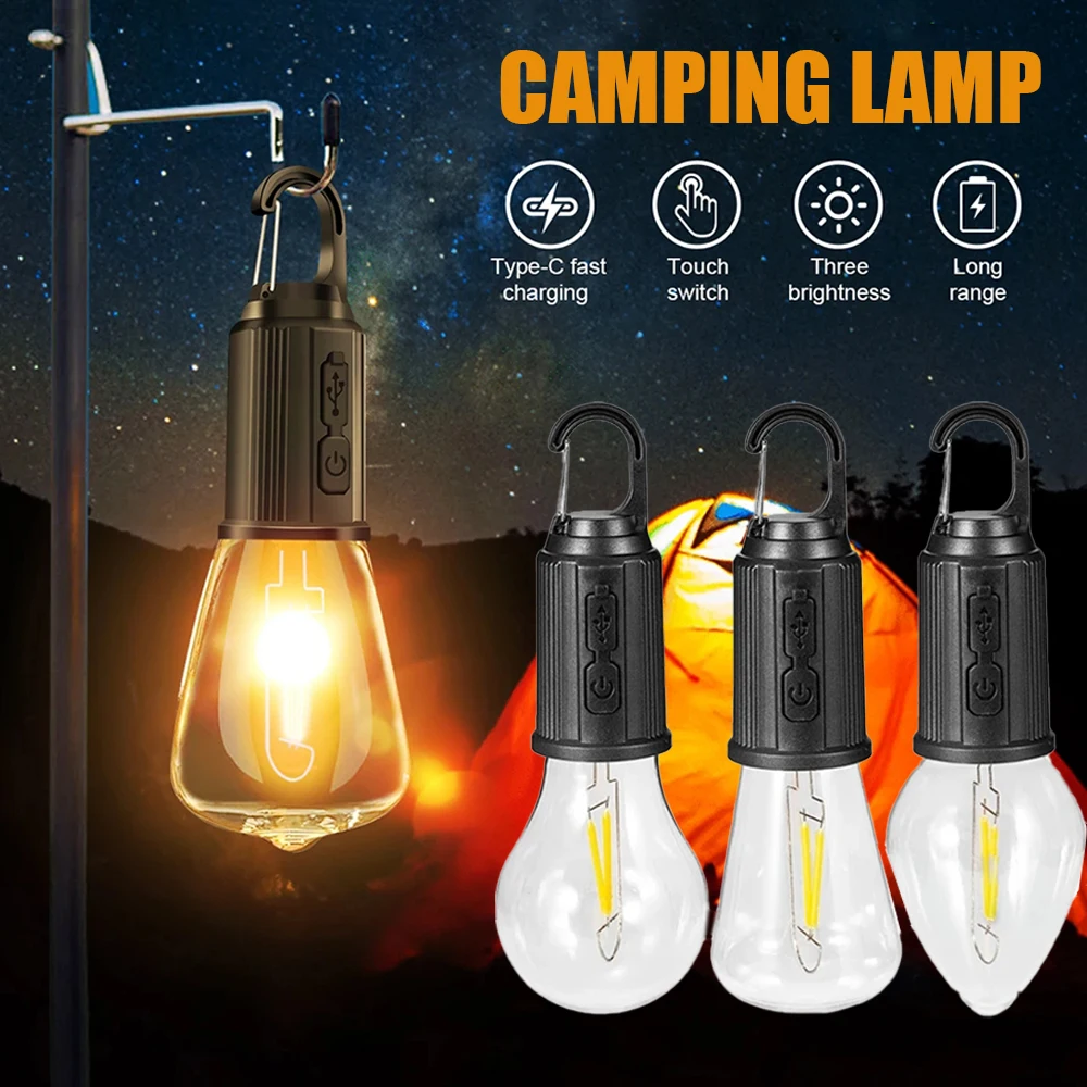 

Outdoor USB Rechargeable LED Lamp Bulbs High Brightness Emergency Light with Hook Camping Fishing Waterproof Portable Lantern