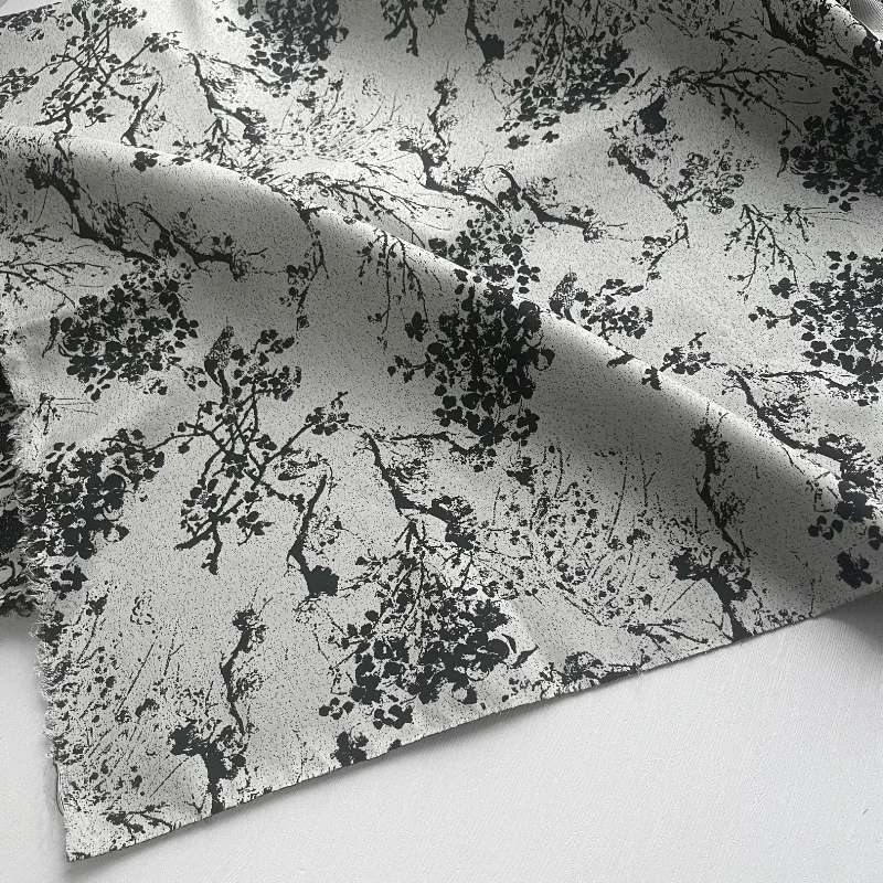 Grey and White Splashed Ink Plum Blossom Silhouette Jacquard Fabric Chinese Style Half Body Skirt and Pants Clothing Fabric