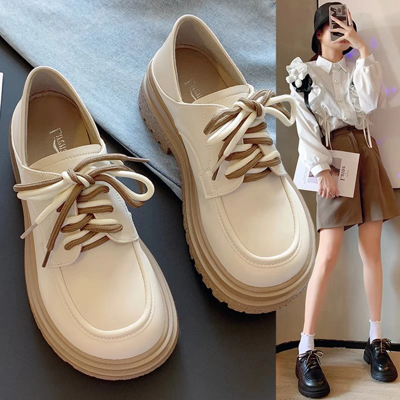 British Style Shoes Woman Flats Autumn Clogs Platform All-Match Oxfords Preppy Dress Fall Creepers Summer New Leather PU Rome Me