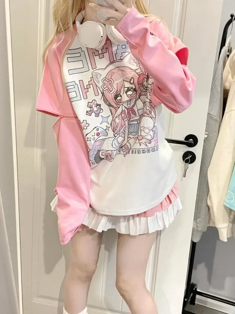 Camisetas Pink Contrast Color Japanese Anime Tshirts O-Neck Tees Removable Long Sleeve Preppy Style Summer Women Y2k Cartoon