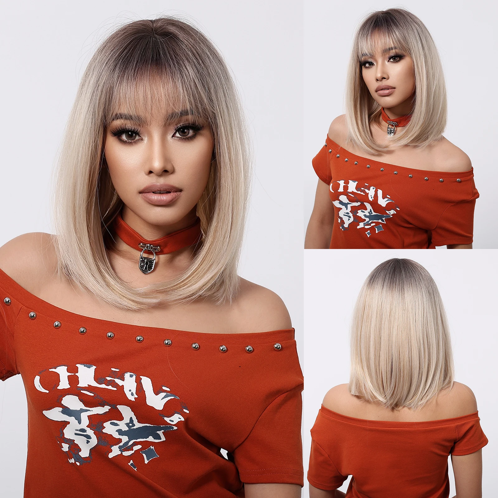 Halloween TopShe14 inch Blonde Bob Wig for Woman Straight Synthetic Wig with Bangs Blonde with Dark Roots Heat Resistant Wigs for Women Cosplay Costume Party Daily Wear Natural Looking Soft Full Head Fiber Wigs Fashion Gradient Color Ladies