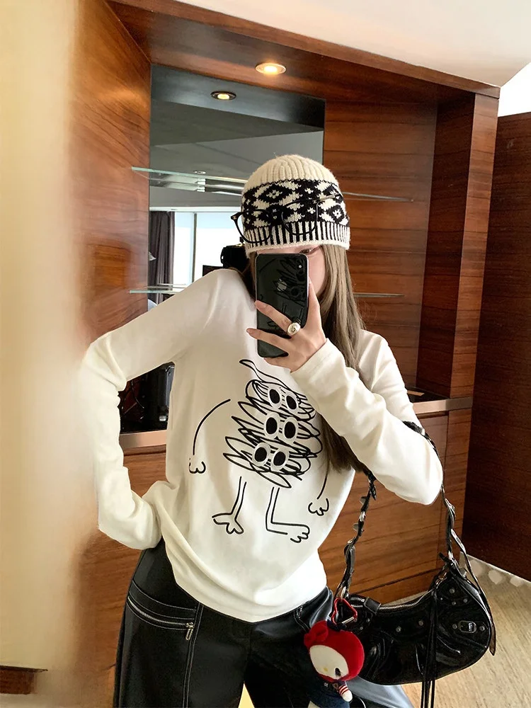 

Women's Long Sve Printed Knitted T-irt Casual Base Layer irt Design Sensation Spring Autumn White Color Commute Sle