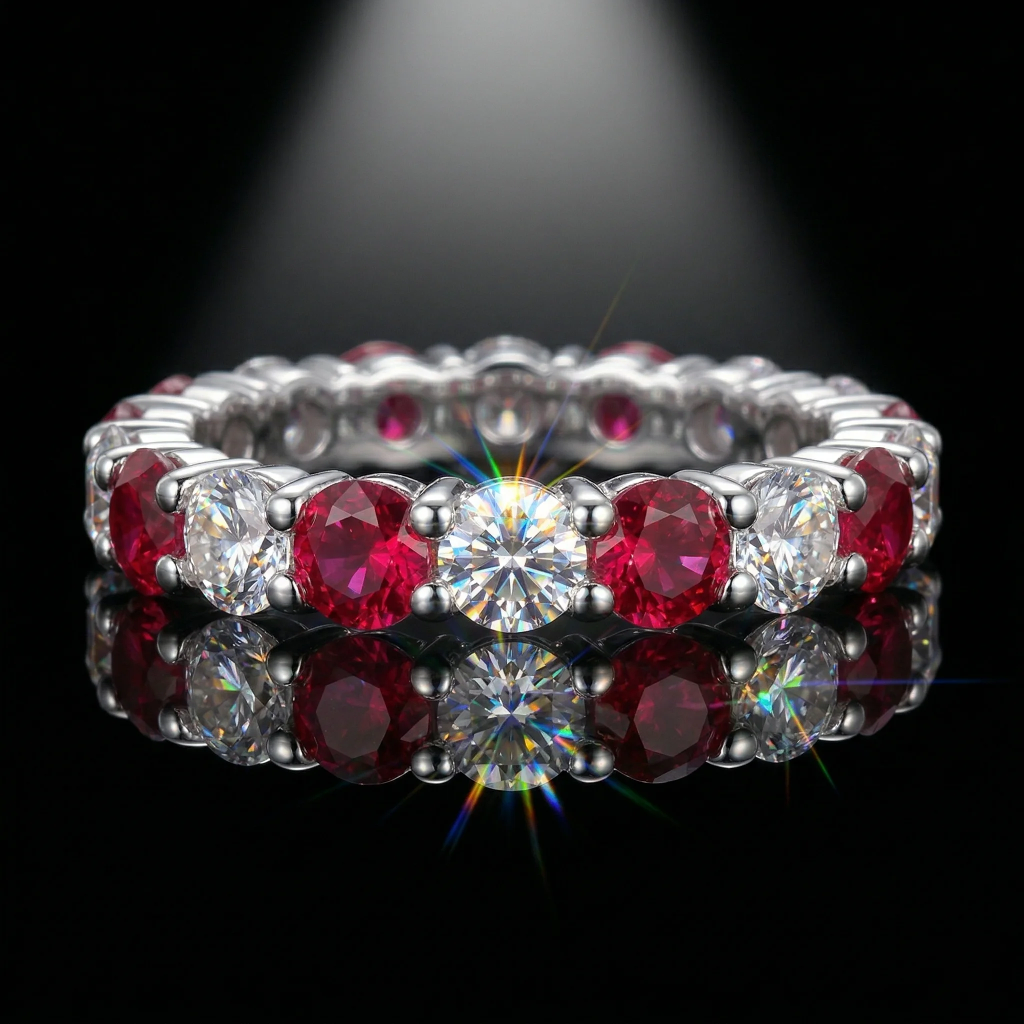 

Moissanite Ring, 925 Sterling Silver, Lab Ruby & Moissanite Mixed, Full Pave, Jewelry Gift, Women's, With Certificate