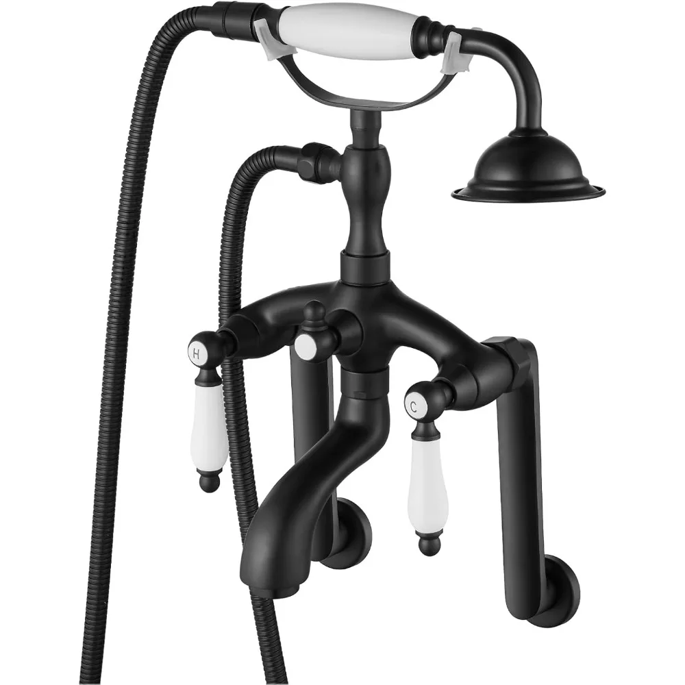 

Matte Black Clawfoot Bathtub Faucet with Telephone Shower System, Wall-Mounted, Adjustable Center, Fits Tubs 1.8 to 17.4 Inches